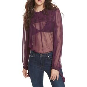 Free People Women's Sheer Femme Embroidered Retro Blouse Purple S Sexy Boho
